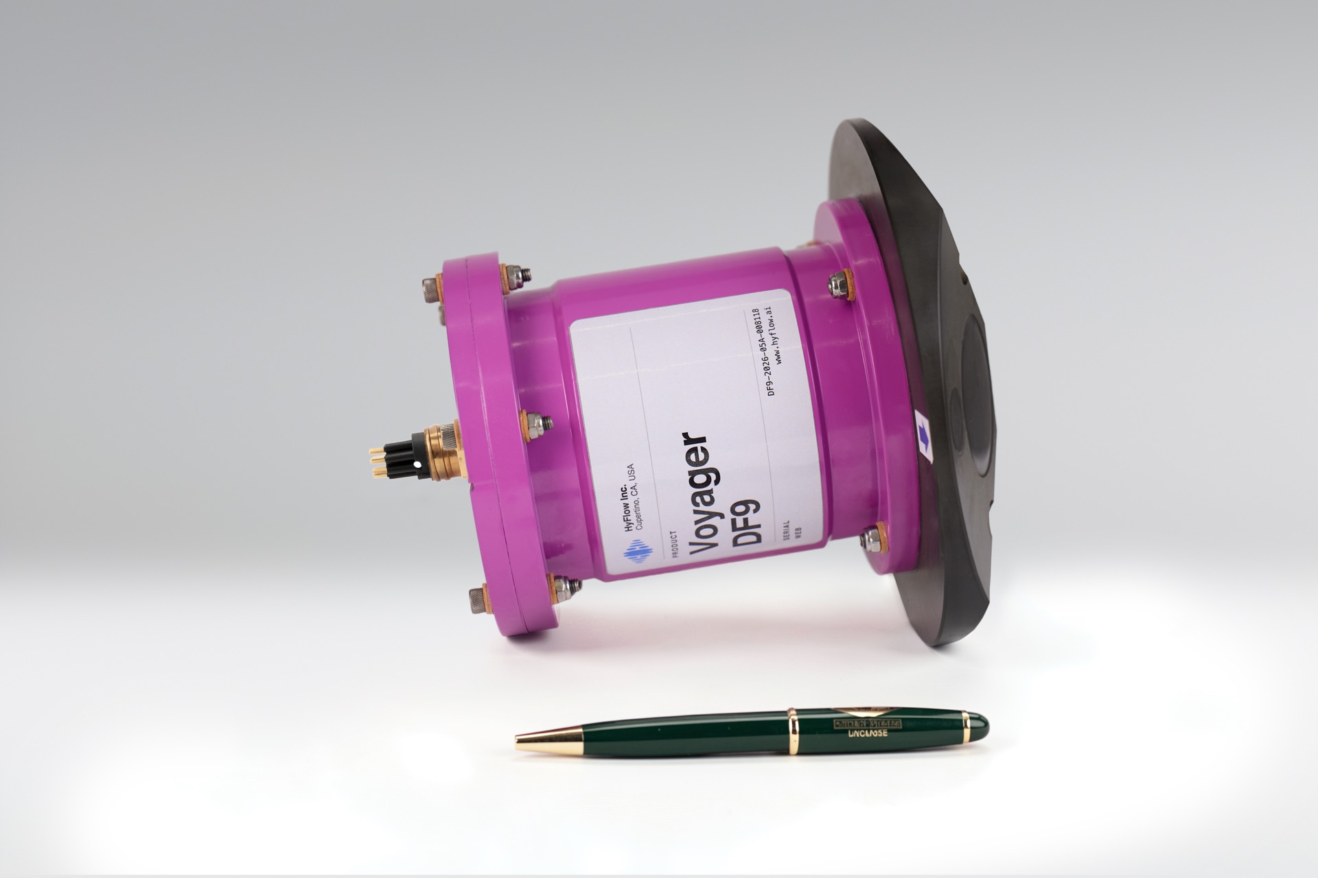 Voyager DF9 acoustic Doppler current profiler — side view with product label
