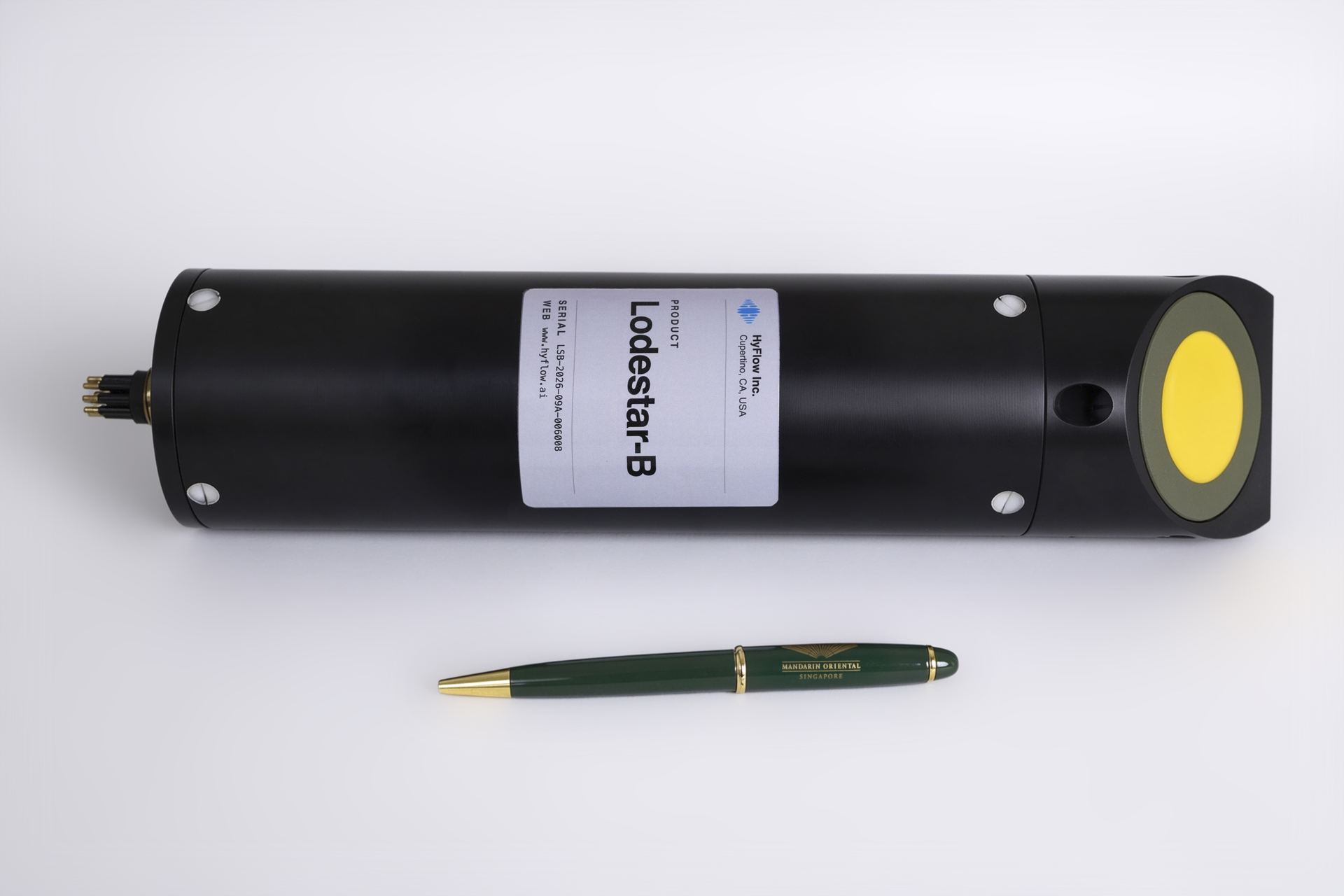 Lodestar-B acoustic Doppler velocity meter, bed-mount model with slanted transducer face, side view with product label